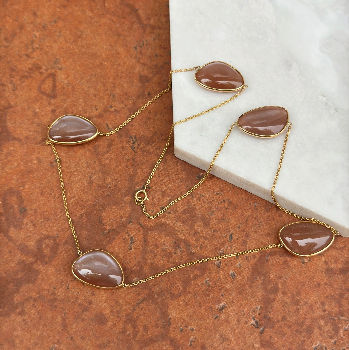 18KT Yellow Gold Bezel Peach Moonstone Station Chain Necklace 20''