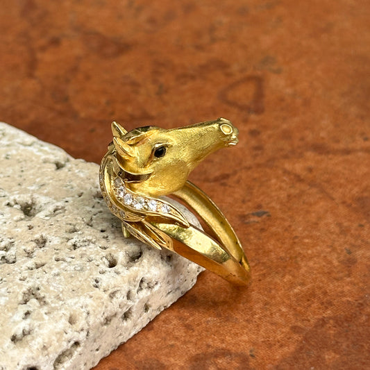 Estate 18KT Yellow Gold 3D Diamond Horse + Black Onyx Eyes Ring