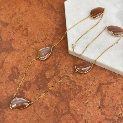 18KT Yellow Gold Bezel Peach Moonstone Station Chain Necklace 20''