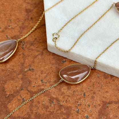 18KT Yellow Gold Bezel Peach Moonstone Station Chain Necklace 20''
