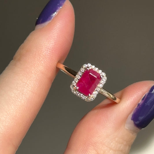 Estate 14K Yellow Gold Emerald-Cut Ruby + Round Diamond Halo Ring