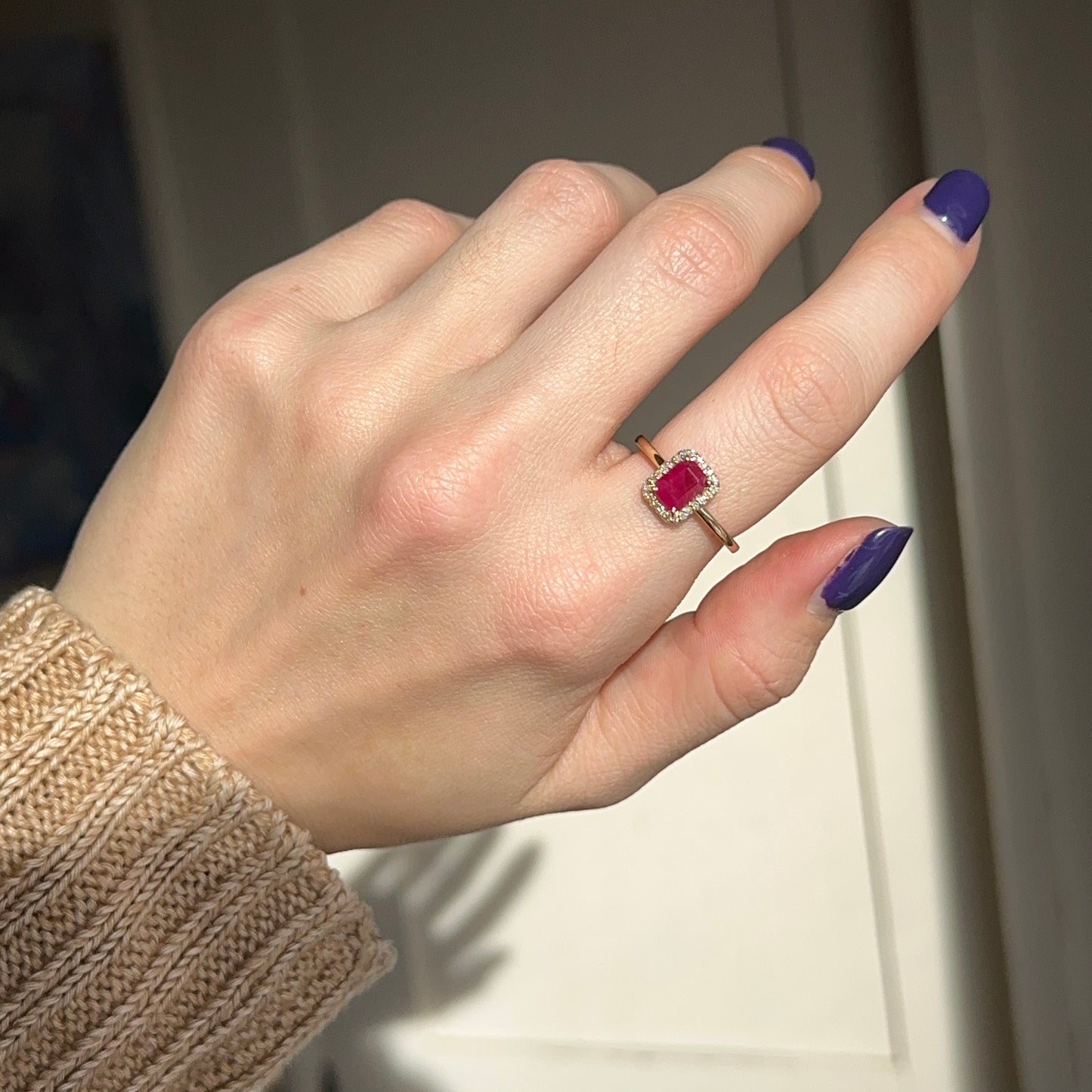 Estate 14K Yellow Gold Emerald-Cut Ruby + Round Diamond Halo Ring