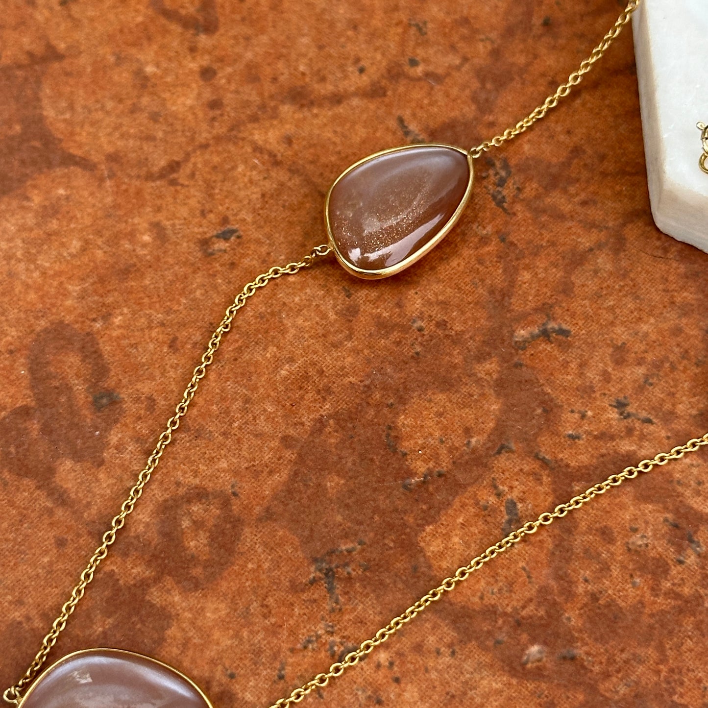 18KT Yellow Gold Bezel Peach Moonstone Station Chain Necklace 20''