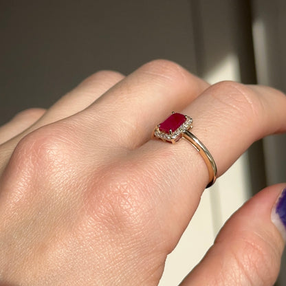 Estate 14K Yellow Gold Emerald-Cut Ruby + Round Diamond Halo Ring