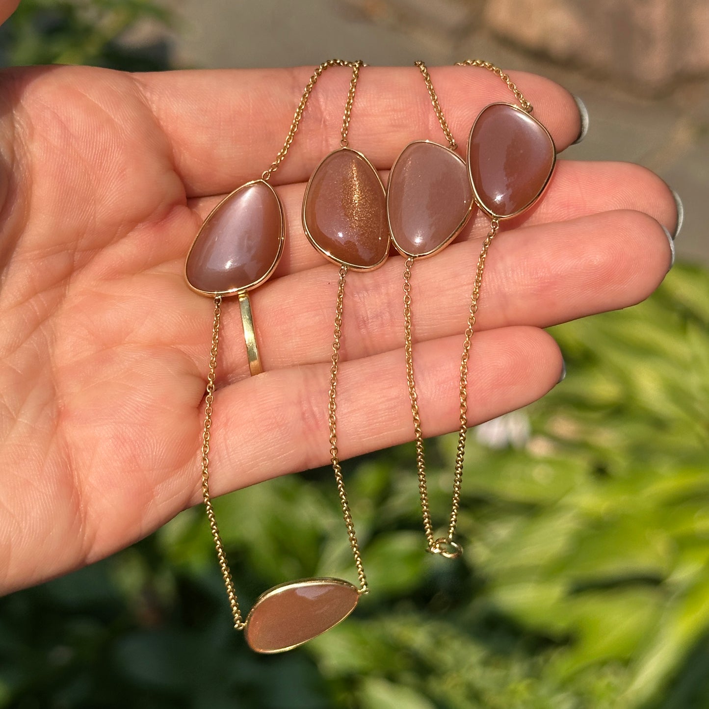 18KT Yellow Gold Bezel Peach Moonstone Station Chain Necklace 20''