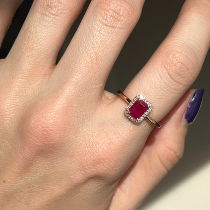 Estate 14K Yellow Gold Emerald-Cut Ruby + Round Diamond Halo Ring