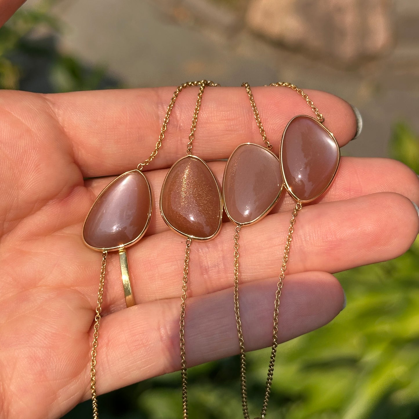 18KT Yellow Gold Bezel Peach Moonstone Station Chain Necklace 20''