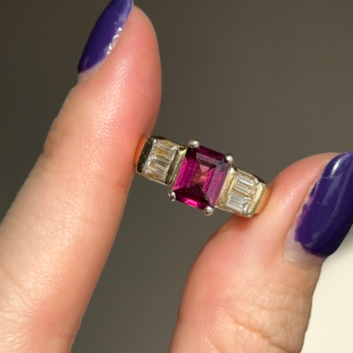 Estate 14KT Yellow Gold Emerald-Cut Pink Tourmaline + Simulated Diamond Ring