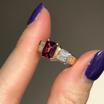 Estate 14KT Yellow Gold Emerald-Cut Pink Tourmaline + Simulated Diamond Ring