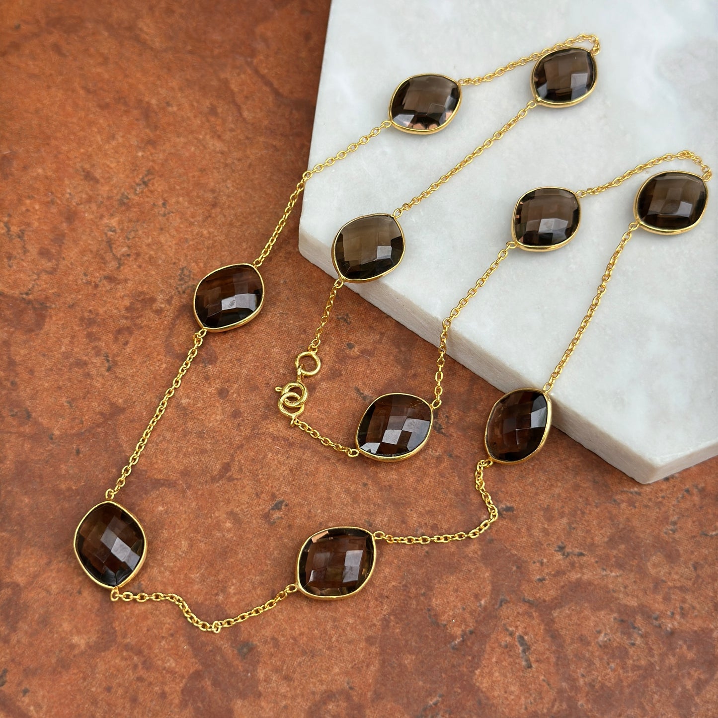 Sterling Silver Yellow Gold-Plated Smokey Quartz Station Cable Necklace 21''