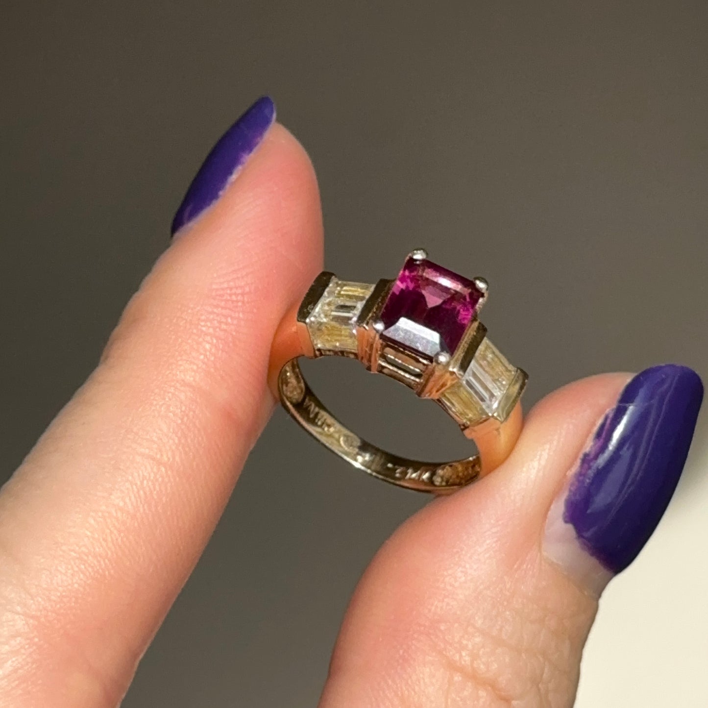 Estate 14KT Yellow Gold Emerald-Cut Pink Tourmaline + Simulated Diamond Ring