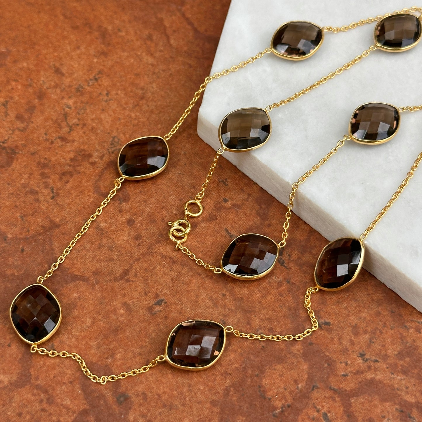 Sterling Silver Yellow Gold-Plated Smokey Quartz Station Cable Necklace 21''