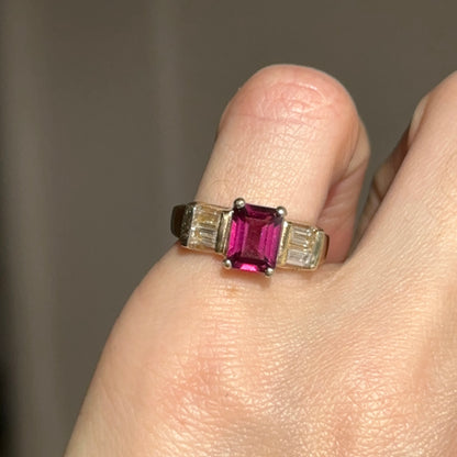 Estate 14KT Yellow Gold Emerald-Cut Pink Tourmaline + Simulated Diamond Ring