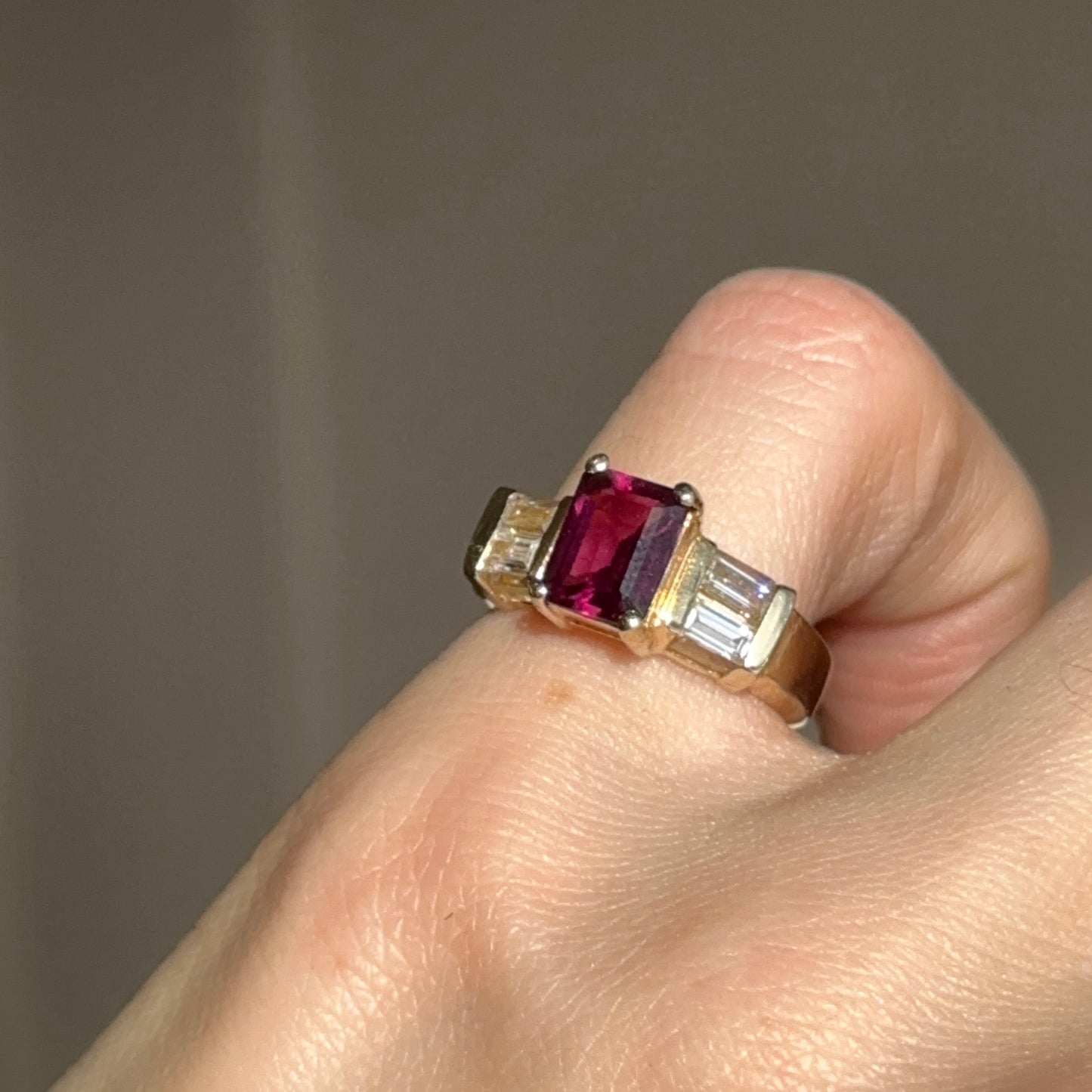 Estate 14KT Yellow Gold Emerald-Cut Pink Tourmaline + Simulated Diamond Ring