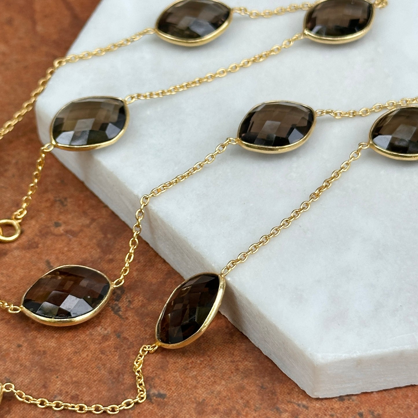 Sterling Silver Yellow Gold-Plated Smokey Quartz Station Cable Necklace 21''