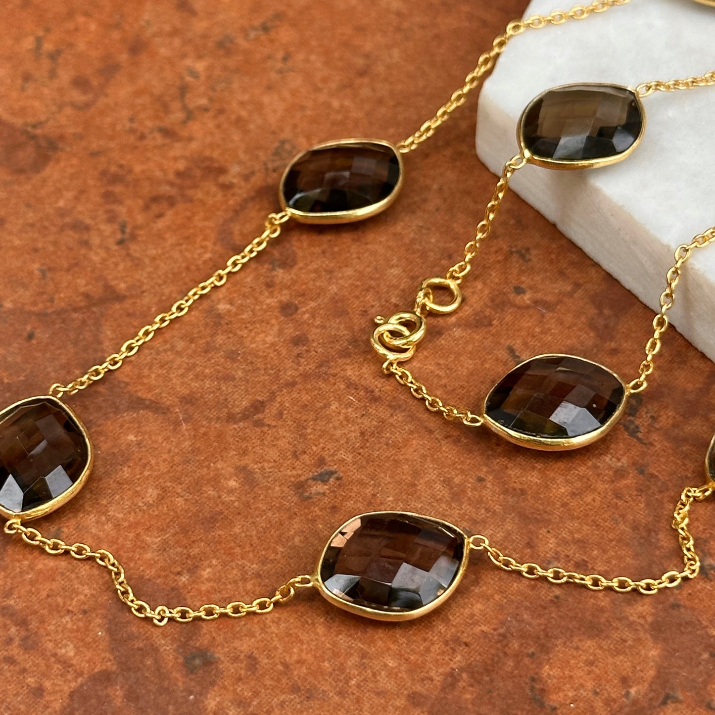 Sterling Silver Yellow Gold-Plated Smokey Quartz Station Cable Necklace 21''