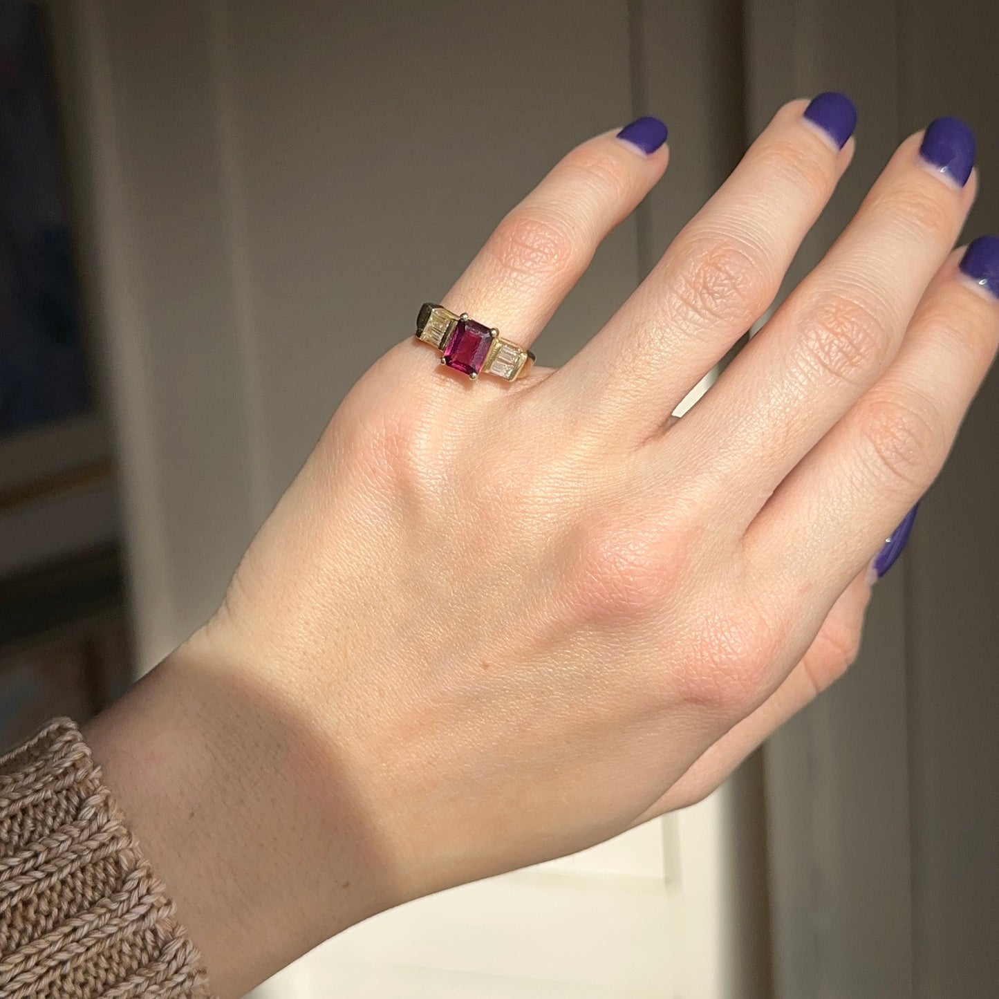 Estate 14KT Yellow Gold Emerald-Cut Pink Tourmaline + Simulated Diamond Ring