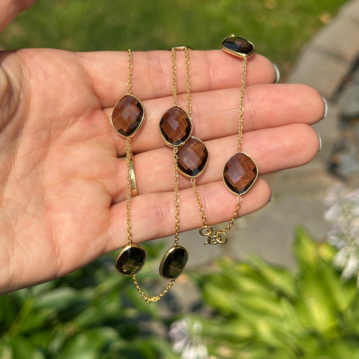 Sterling Silver Yellow Gold-Plated Smokey Quartz Station Cable Necklace 21''