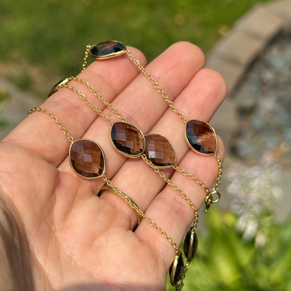 Sterling Silver Yellow Gold-Plated Smokey Quartz Station Cable Necklace 21''