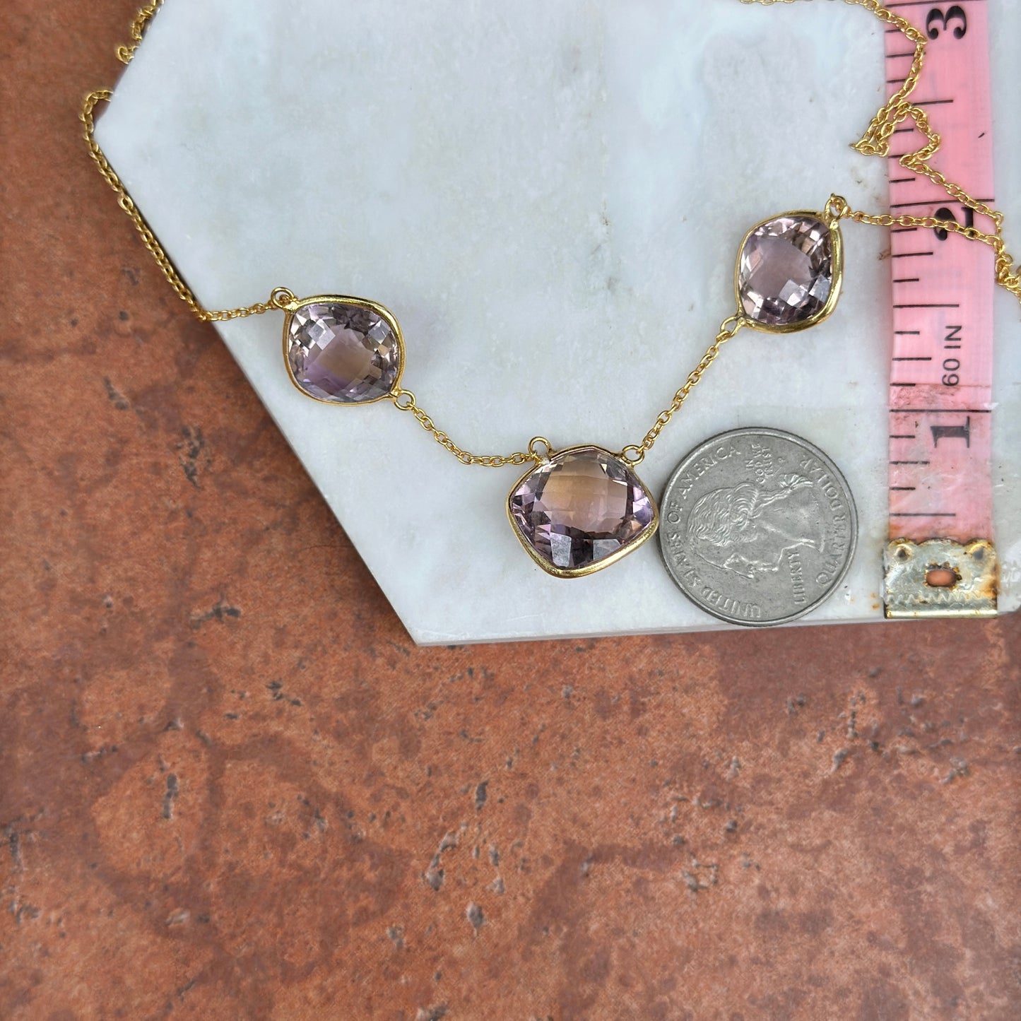 Sterling Silver Yellow Gold-Plated Station Checkerboard Amethyst Necklace