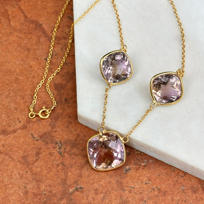 Sterling Silver Yellow Gold-Plated Station Checkerboard Amethyst Necklace