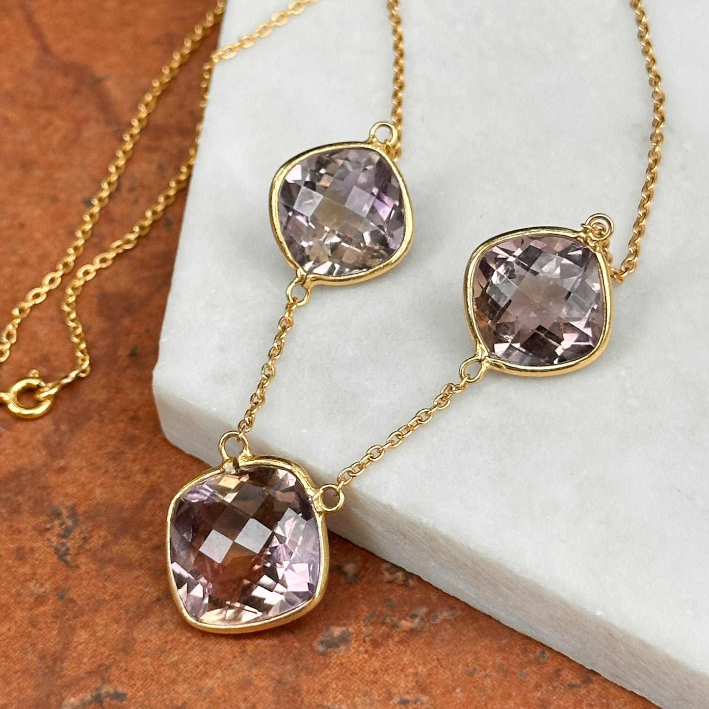 Sterling Silver Yellow Gold-Plated Station Checkerboard Amethyst Necklace