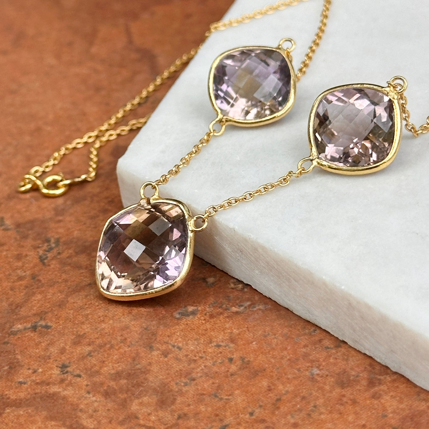 Sterling Silver Yellow Gold-Plated Station Checkerboard Amethyst Necklace
