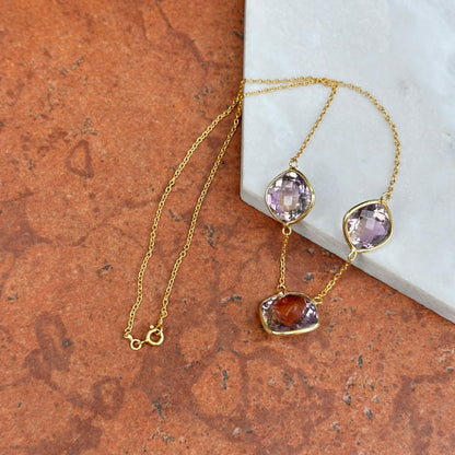 Sterling Silver Yellow Gold-Plated Station Checkerboard Amethyst Necklace