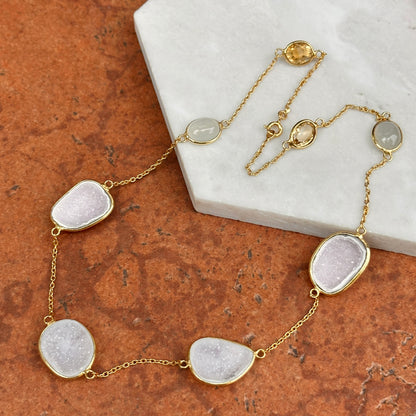 Sterling Silver Yellow Gold-Plated Druzy, Moonstone, Citrine Station Necklace