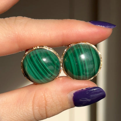 Estate 14KT Yellow Gold Round Cabochon Green Malachite Omega Earrings