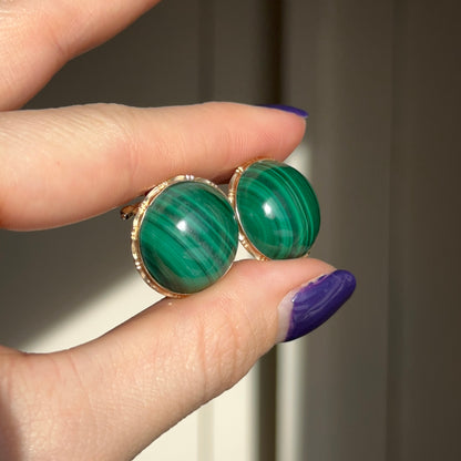 Estate 14KT Yellow Gold Round Cabochon Green Malachite Omega Earrings