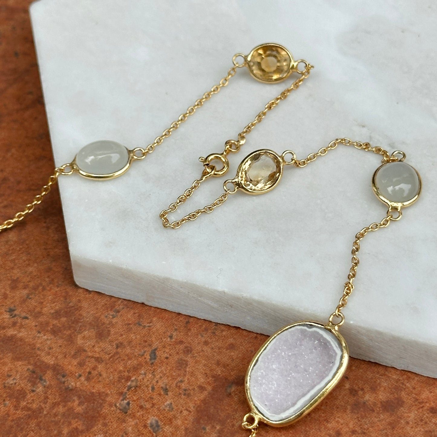 Sterling Silver Yellow Gold-Plated Druzy, Moonstone, Citrine Station Necklace