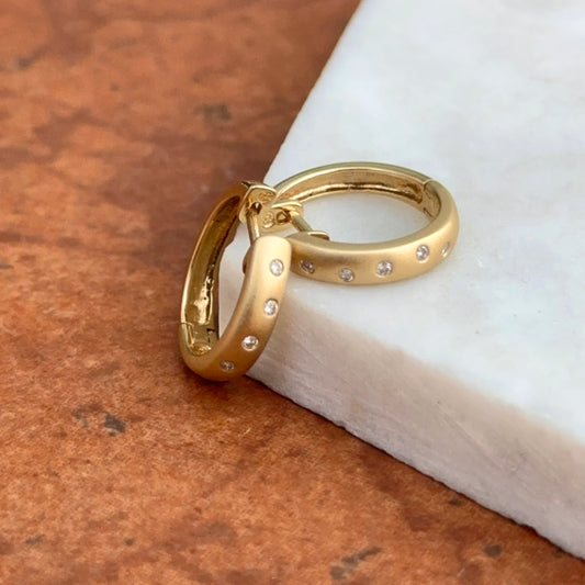 Estate 14KT Yellow Gold Matte Gypsy-Set Diamond Huggie Hoop Earrings