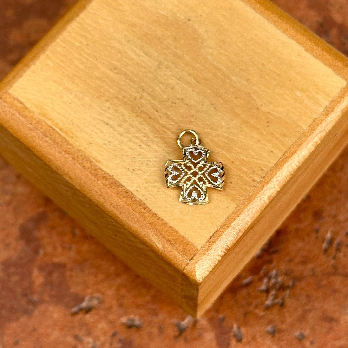 10KT Yellow + White Gold Cut-Out Hearts Design Small Cross Pendant Charm