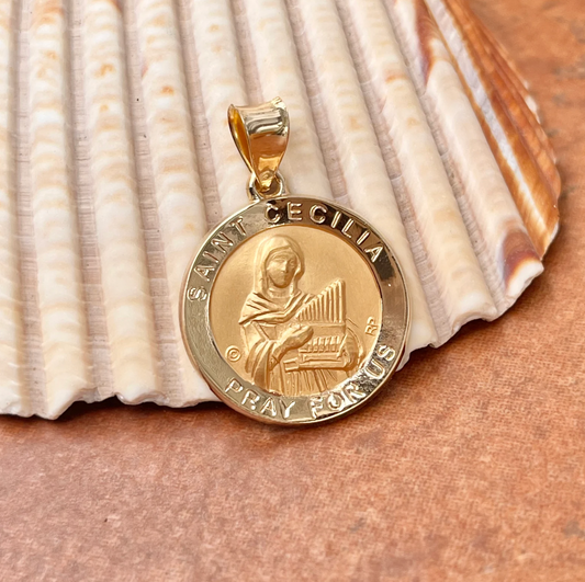 14KT Yellow Gold Satin St Cecilia Round Medal Pendant 19mm