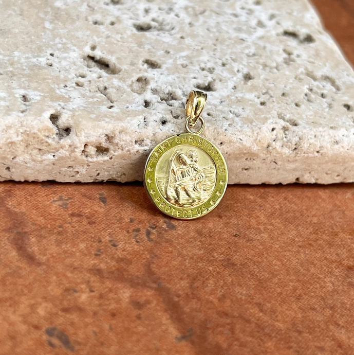 14KT Yellow Gold Round St Christopher Medal Pendant 12mm