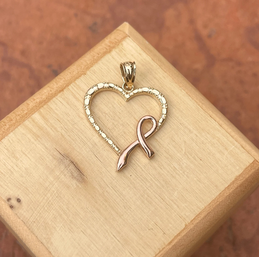 14KT Yellow Gold Heart + Breast Cancer Pink Ribbon Awareness Pendant