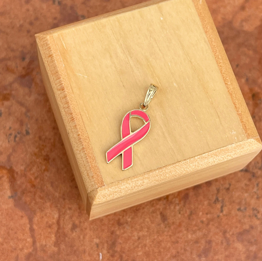 10KT Yellow Gold Pink Enamel Breast Cancer Awareness Ribbon Pendant Charm