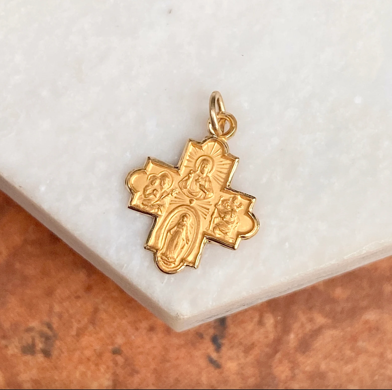 14KT Yellow Gold Satin Four Way Scapular Cross Medal Pendant