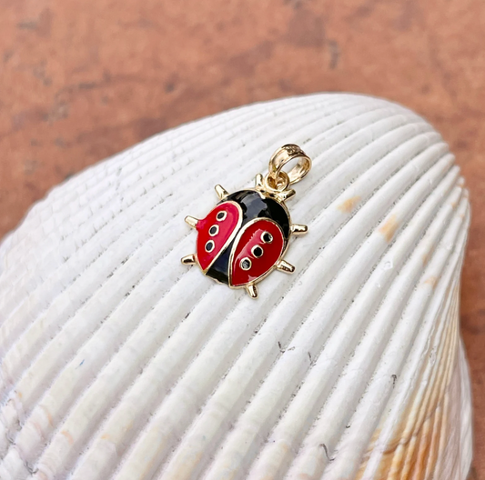 14KT Yellow Gold Red + Black Enamel Ladybug Pendant Charm