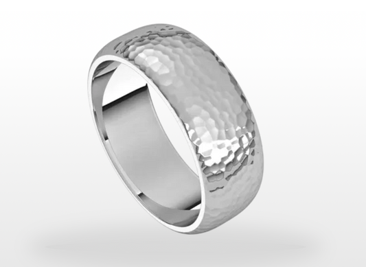 Custom 10KT White Gold Hammered Sapphire + Diamond Ring