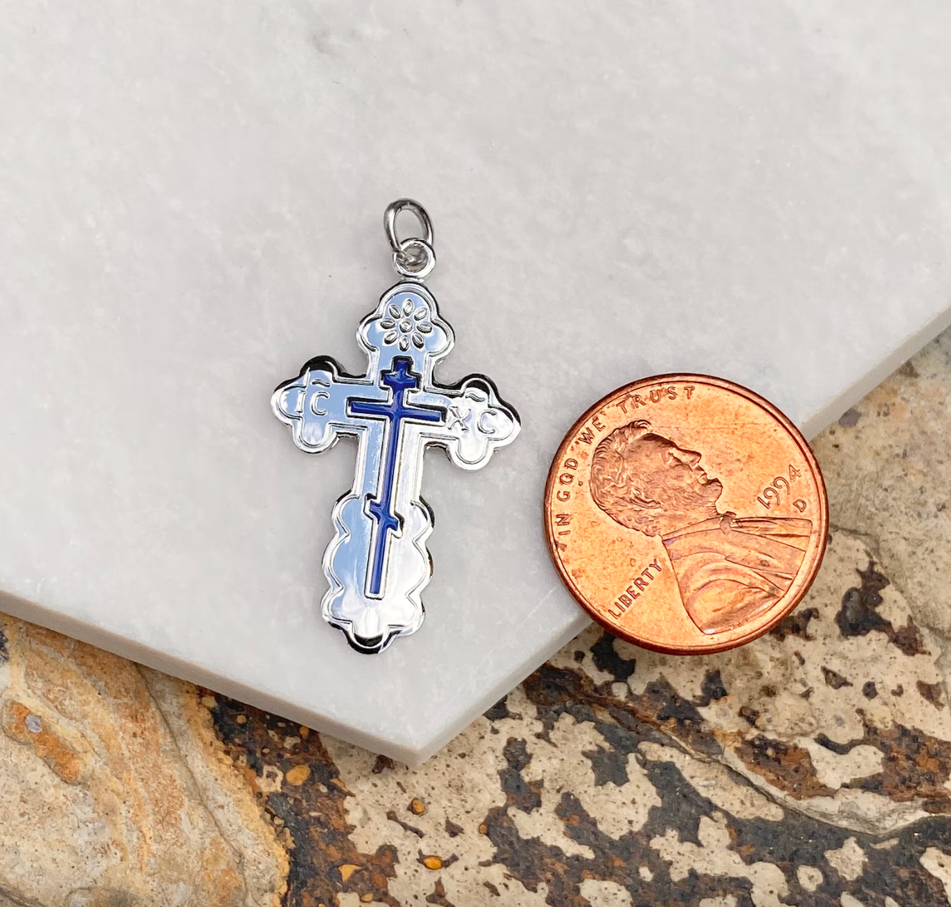 Sterling Silver Blue Enamel Eastern Orthodox Cross Pendant