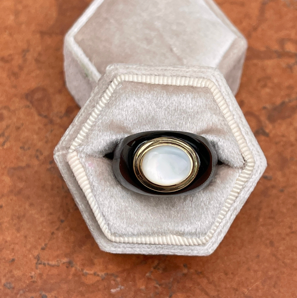 Estate 14KT Yellow Gold Black Onyx + Mother of Pearl Domed Ring