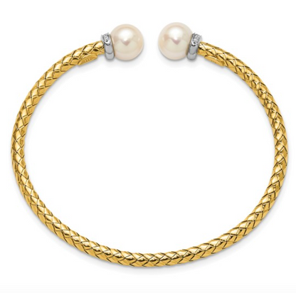 18KT Yellow Gold Basket Weave Pearl + Diamond Open Bangle Bracelet