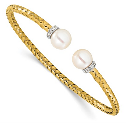 18KT Yellow Gold Basket Weave Pearl + Diamond Open Bangle Bracelet