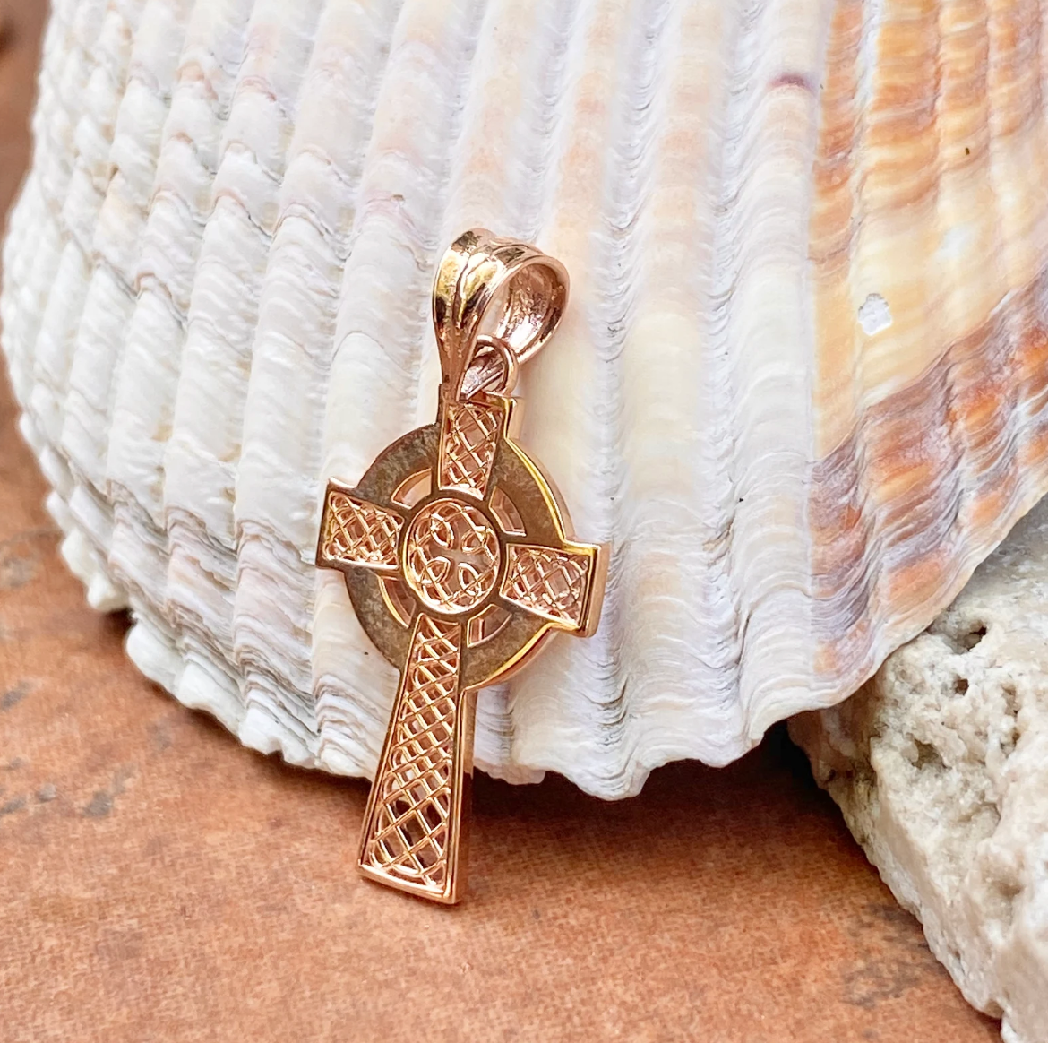 14KT Rose Gold Celtic Eternity Knot Cross Pendant