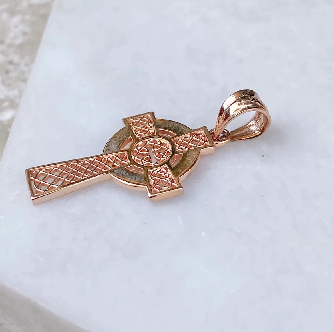 14KT Rose Gold Celtic Eternity Knot Cross Pendant