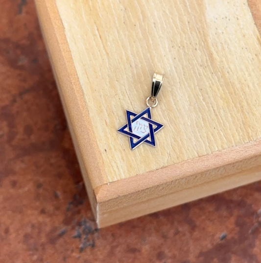 14KT Yellow Gold Mini Blue Enamel Star of David Pendant Charm