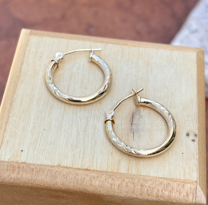 14KT Yellow Gold Diamond-Cut Satin Hoop Earrings 15mm