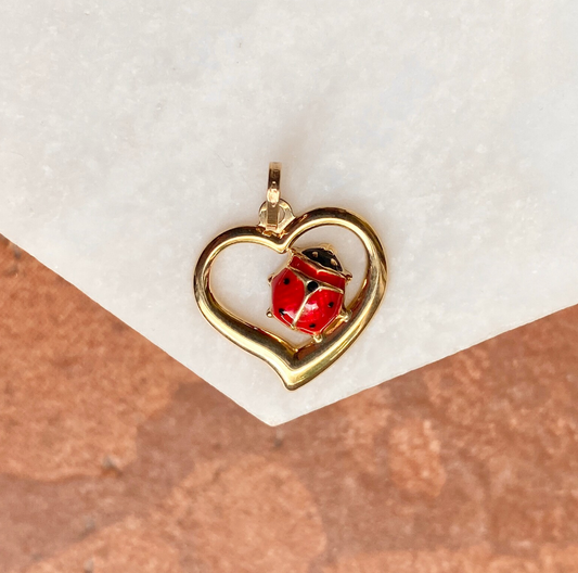 14KT Yellow Gold Ladybug + Heart Pendant Charm